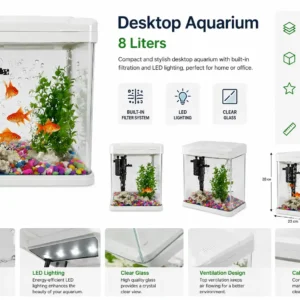 8 liter desktop glass aquarium with built-in filter and LED lighting