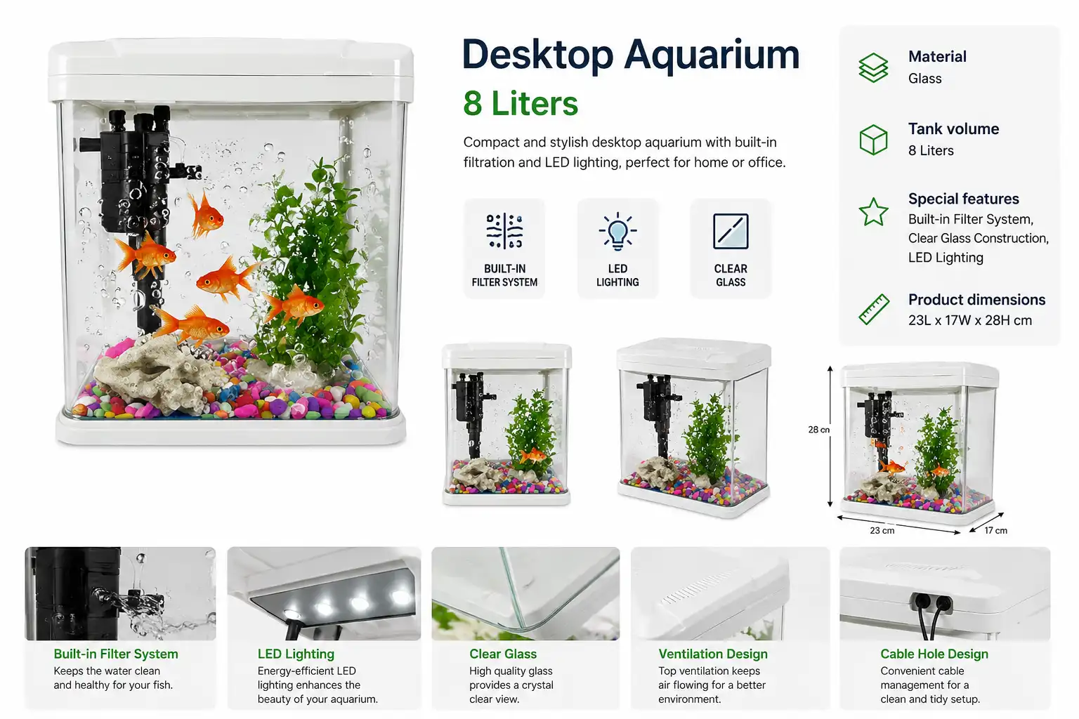 8L Desktop Glass Aquarium with Built-in Filter and LED Lighting 8 liter desktop glass aquarium with built-in filter and LED lighting